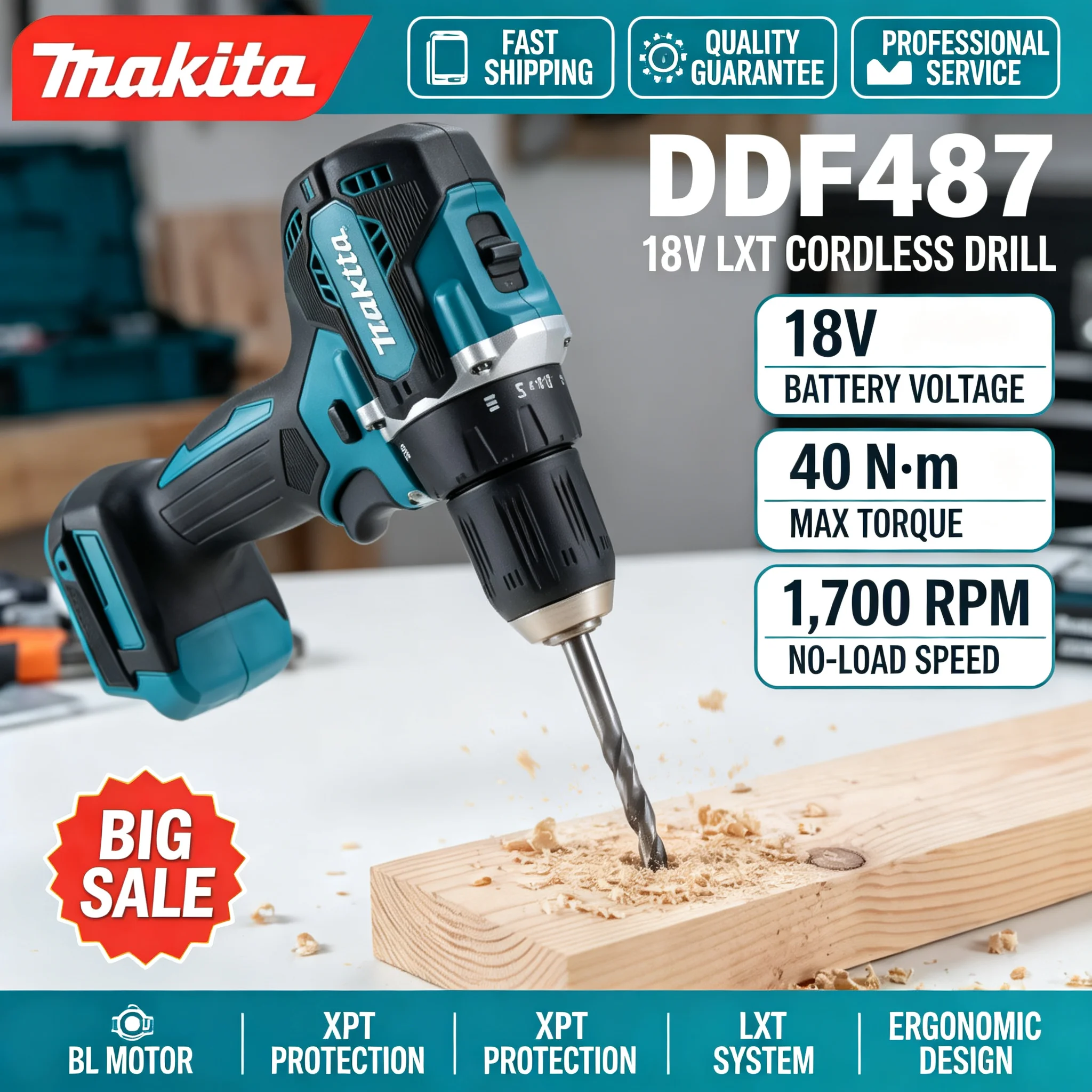 Brushless Cordless Electric Drill 18V - Makita DDF487 18V draadloze boormachine met